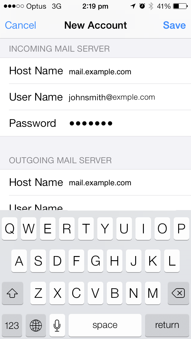 New account POP 3 - keyboard